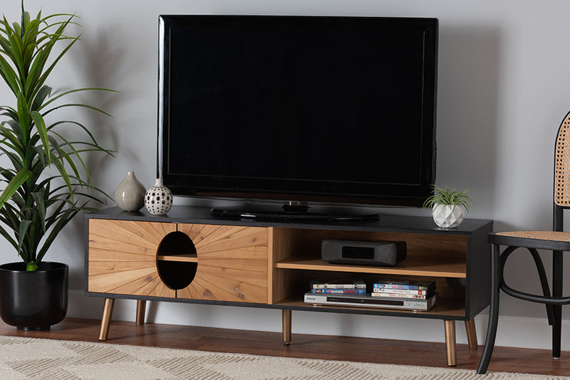 Malene Modern and Contemporary Two-Tone Dark and Natural Brown Finished Wood TV Stand