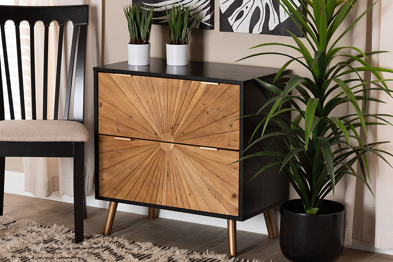 Kalcya Two-Tone Black and Natural Brown 2-Drawer Storage Cabinet Baxton