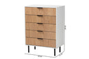Tara Two-Tone White and Natural Brown Black Metal 5-Drawer Storage Cabinet Baxton