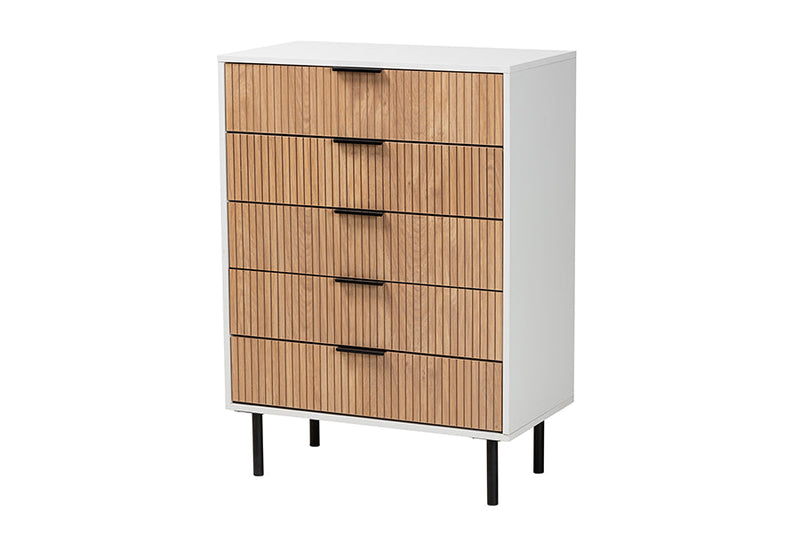 Tara Two-Tone White and Natural Brown Black Metal 5-Drawer Storage Cabinet Baxton