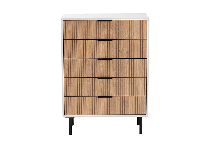 Tara Two-Tone White and Natural Brown Black Metal 5-Drawer Storage Cabinet Baxton