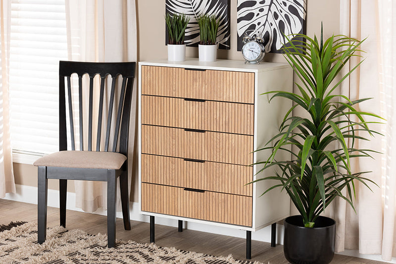 Tara Two-Tone White and Natural Brown Black Metal 5-Drawer Storage Cabinet Baxton