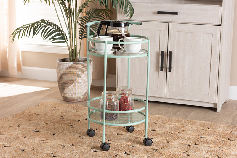 Vanda Mid-Century Modern Mint Green Finished Metal 2-Tier Kitchen Cart