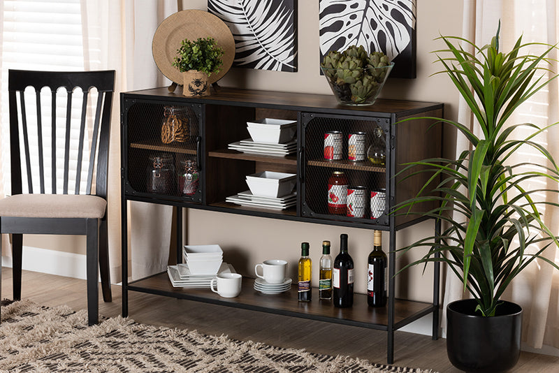 Channary Modern Industrial Walnut Brown Finished Wood and Black Metal 2-Door Sideboard