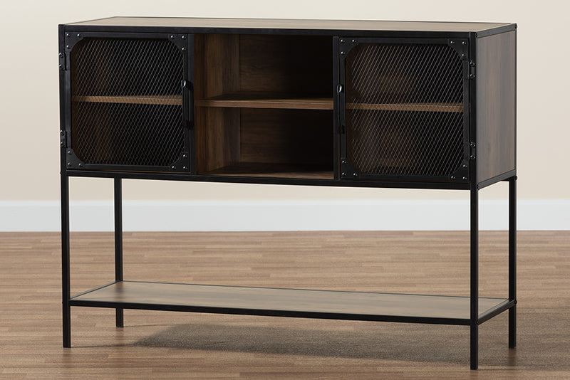 Channary Modern Industrial Walnut Brown Finished Wood and Black Metal 2-Door Sideboard