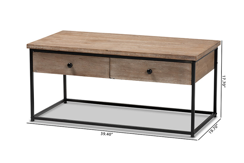 Calhoun Modern and Contemporary Weathered Oak Finished Wood and Black Metal 2-Drawer Coffee Table