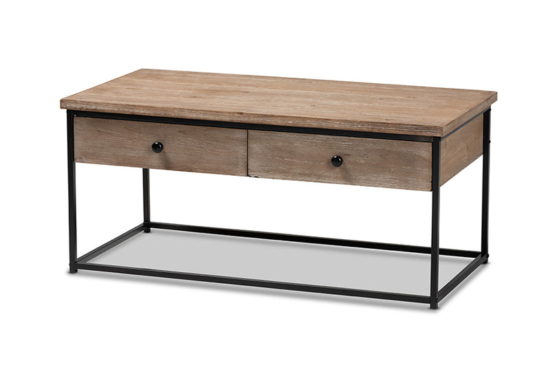 Calhoun Modern and Contemporary Weathered Oak Finished Wood and Black Metal 2-Drawer Coffee Table