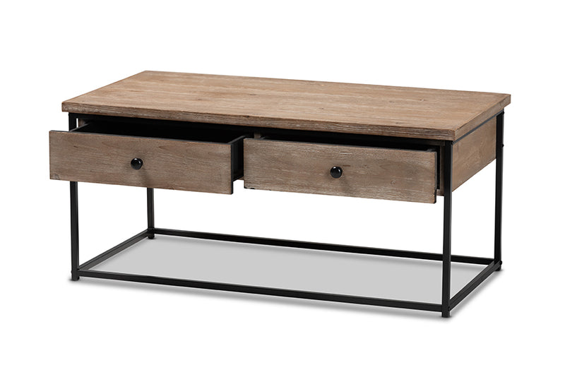 Calhoun Modern and Contemporary Weathered Oak Finished Wood and Black Metal 2-Drawer Coffee Table