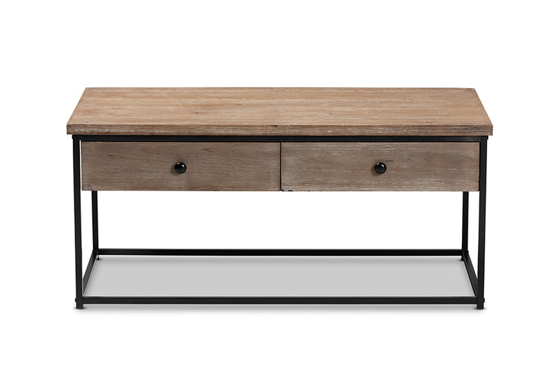 Calhoun Modern and Contemporary Weathered Oak Finished Wood and Black Metal 2-Drawer Coffee Table