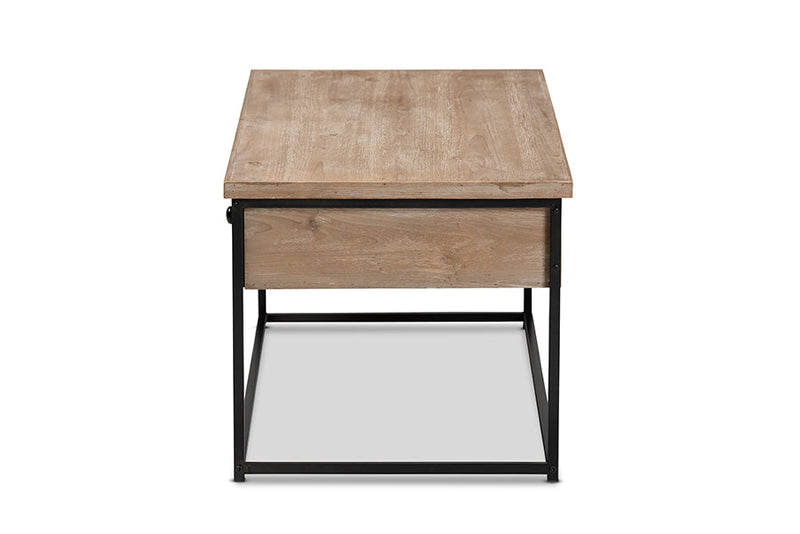 Calhoun Weathered Oak and Black Metal 2-Drawer Coffee Table Baxton