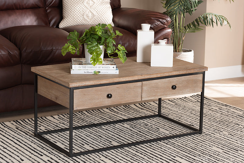 Calhoun Modern and Contemporary Weathered Oak Finished Wood and Black Metal 2-Drawer Coffee Table