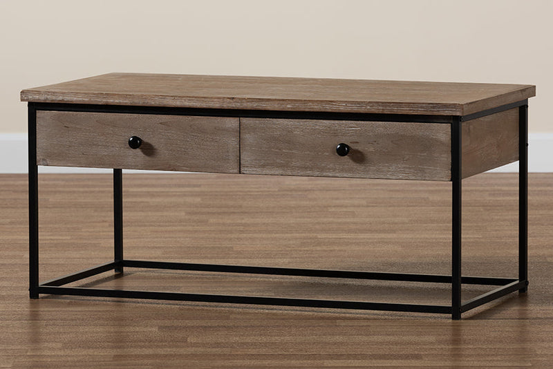 Calhoun Weathered Oak and Black Metal 2-Drawer Coffee Table Baxton