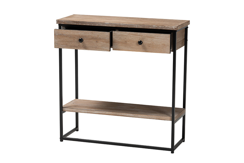 Jacey Modern Industrial Natural Brown Finished Wood and Black Metal 2-Drawer Console Table