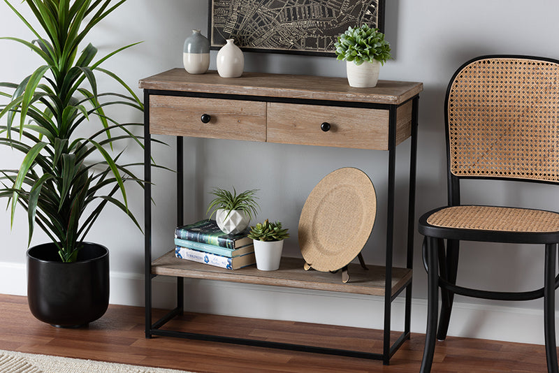 Jacey Modern Industrial Natural Brown Finished Wood and Black Metal 2-Drawer Console Table