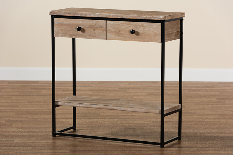 Jacey Modern Industrial Natural Brown Finished Wood and Black Metal 2-Drawer Console Table