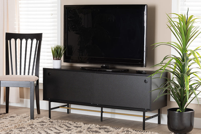 Larese Modern Dark Brown Finished Wood and Two-Tone Black and Gold Metal TV Stand