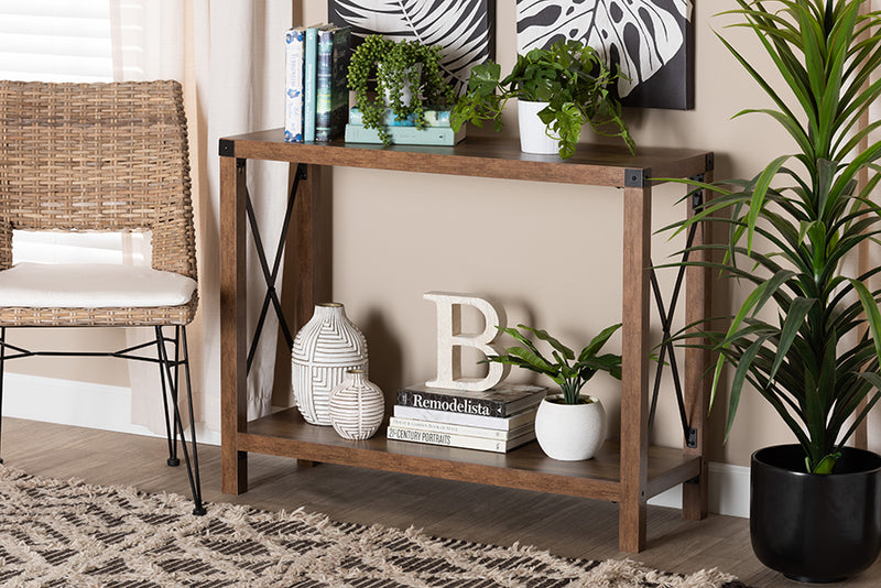 Pavone Modern Farmhouse Natural Brown Finished Wood and Black Metal Console Table