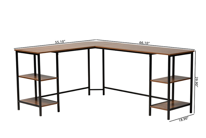 Kelson Modern Walnut Brown Finished Wood and Black Metal L-Shaped Corner Desk w/Shelves