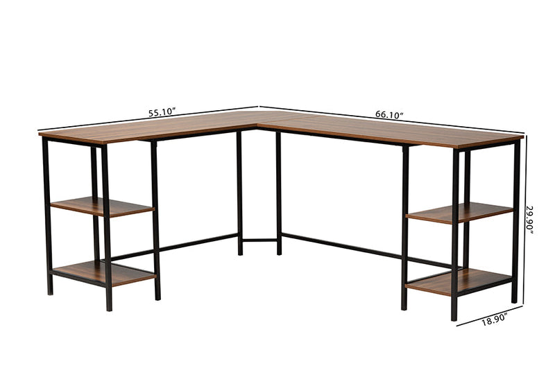 Kelson Modern Walnut Brown and Black Metal L-Shaped Corner Desk w/Shelves Baxton