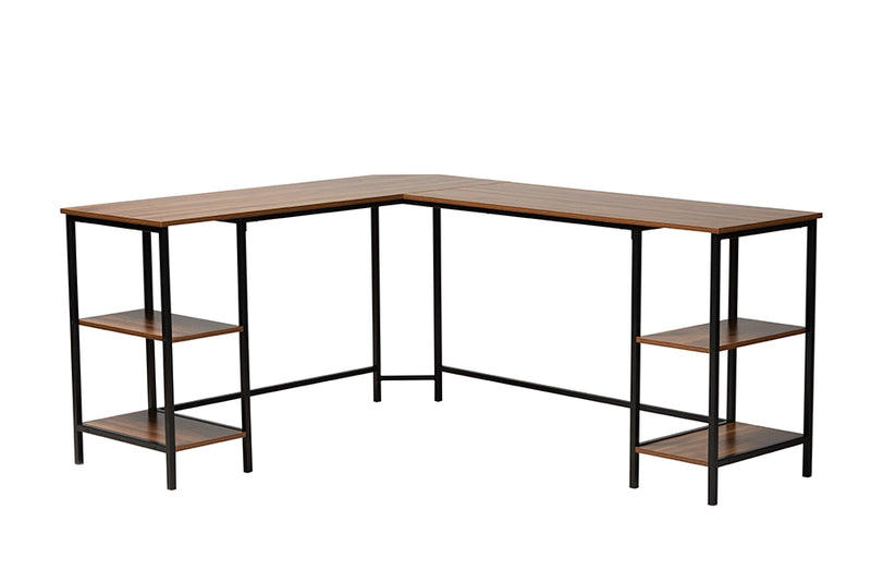 Kelson Modern Walnut Brown Finished Wood and Black Metal L-Shaped Corner Desk w/Shelves