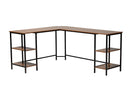 Kelson Modern Walnut Brown and Black Metal L-Shaped Corner Desk w/Shelves Baxton