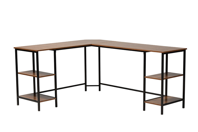 Kelson Modern Walnut Brown and Black Metal L-Shaped Corner Desk w/Shelves Baxton