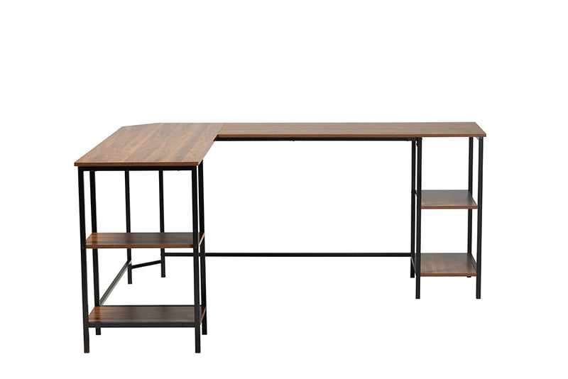 Kelson Modern Walnut Brown and Black Metal L-Shaped Corner Desk w/Shelves Baxton