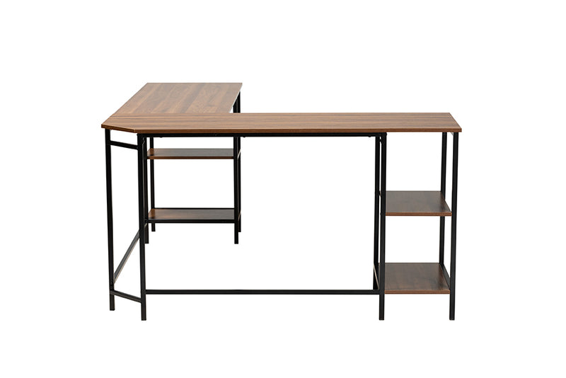 Kelson Modern Walnut Brown Finished Wood and Black Metal L-Shaped Corner Desk w/Shelves