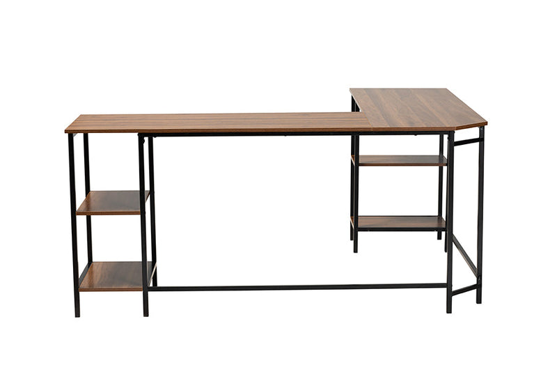 Kelson Modern Walnut Brown and Black Metal L-Shaped Corner Desk w/Shelves Baxton