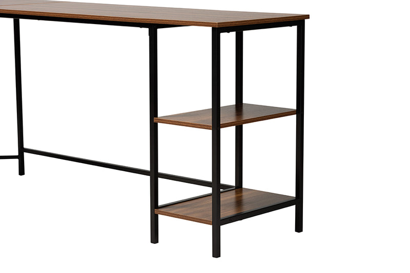 Kelson Modern Walnut Brown Finished Wood and Black Metal L-Shaped Corner Desk w/Shelves