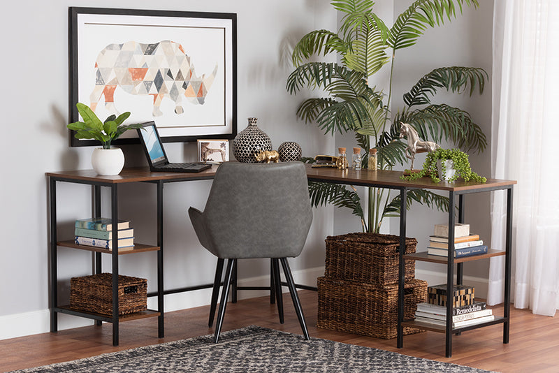 Kelson Modern Walnut Brown Finished Wood and Black Metal L-Shaped Corner Desk w/Shelves