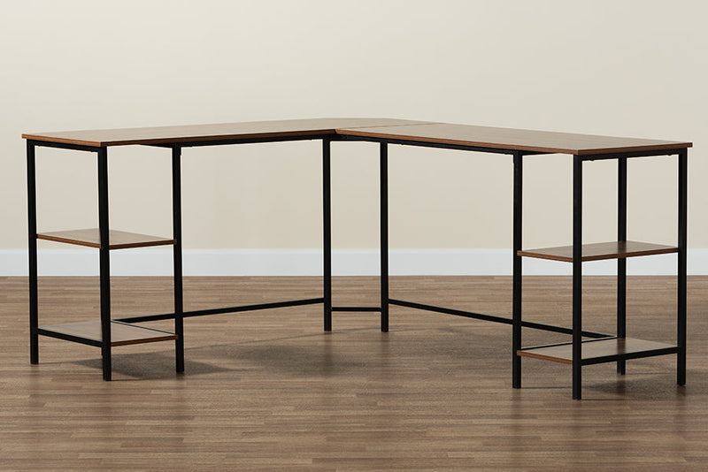 Kelson Modern Walnut Brown and Black Metal L-Shaped Corner Desk w/Shelves Baxton