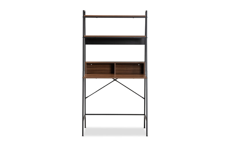 Joaquin Modern Industrial Walnut Brown Finished Wood and Black Metal Desk w/Shelves