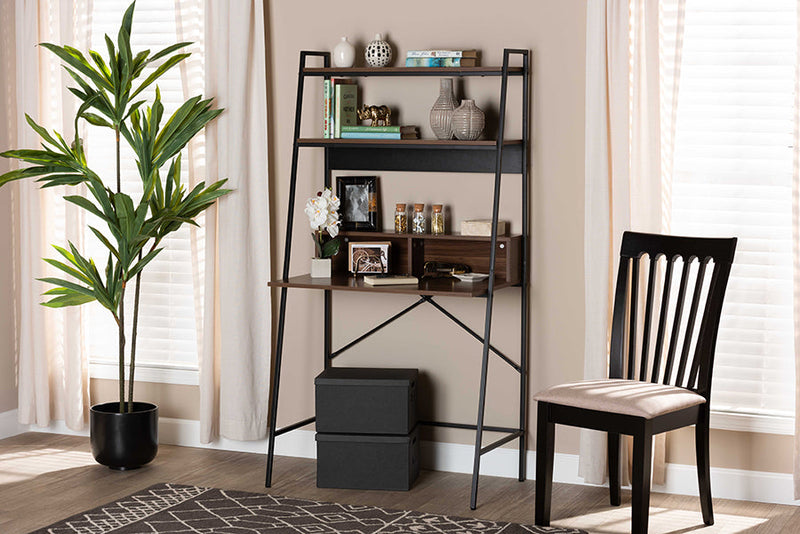 Joaquin Walnut Brown and Black Metal Desk w/Shelves Baxton