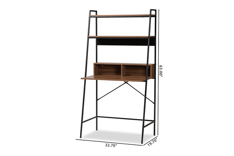 Joaquin Walnut Brown and Black Metal Desk w/Shelves Baxton