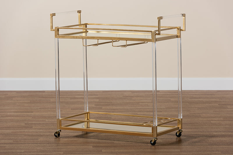 Claude Contemporary Glam and Luxe Gold Metal and Glass Wine Cart