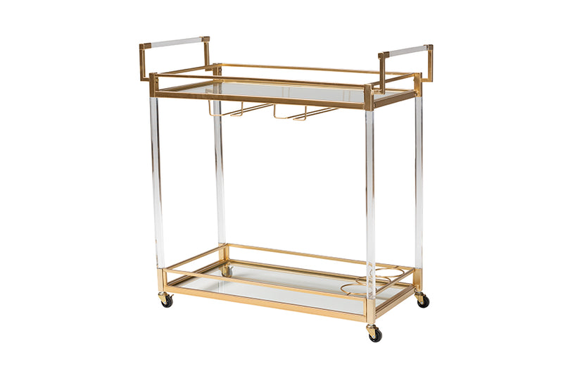 Claude Contemporary Glam and Luxe Gold Metal and Glass Wine Cart