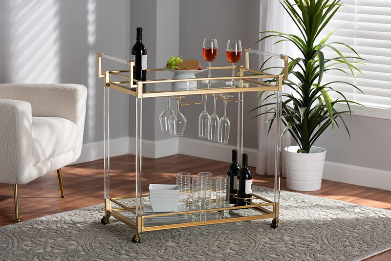 Claude Contemporary Glam and Luxe Gold Metal and Glass Wine Cart