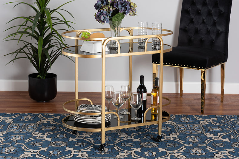 Rose Contemporary Glam and Luxe Gold Metal and Tempered Glass 2-Tier Wine Cart