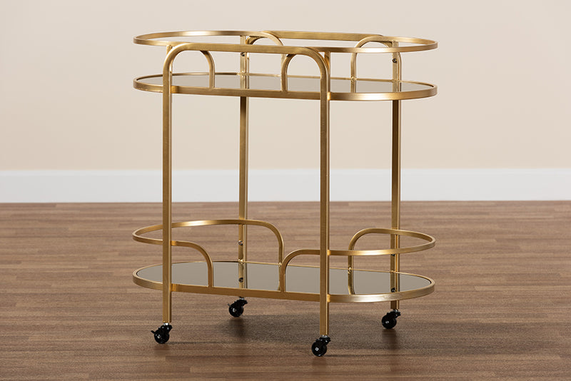 Rose Contemporary Glam and Luxe Gold Metal and Tempered Glass 2-Tier Wine Cart