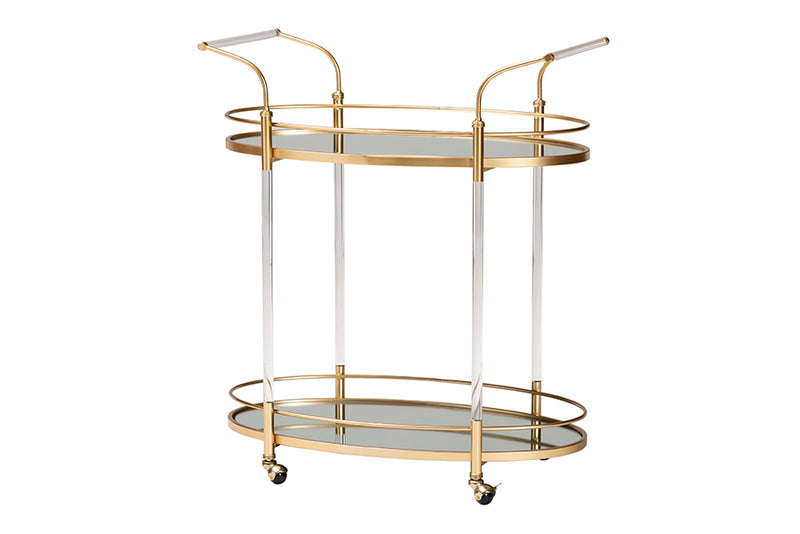 Eisa Contemporary Glam and Luxe Gold Metal and Mirrored Glass 2-Tier Wine Cart