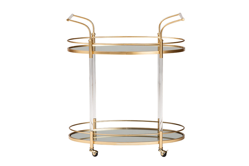 Eisa Contemporary Glam and Luxe Gold Metal and Mirrored Glass 2-Tier Wine Cart