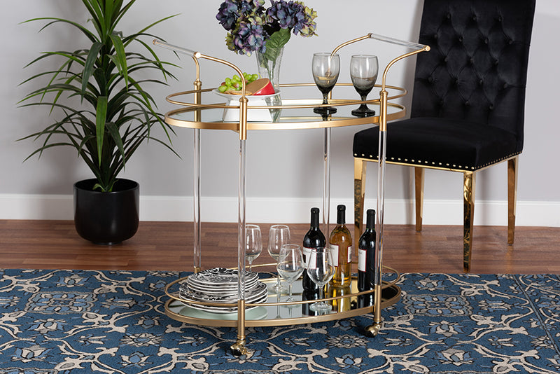 Eisa Contemporary Glam and Luxe Gold Metal and Mirrored Glass 2-Tier Wine Cart