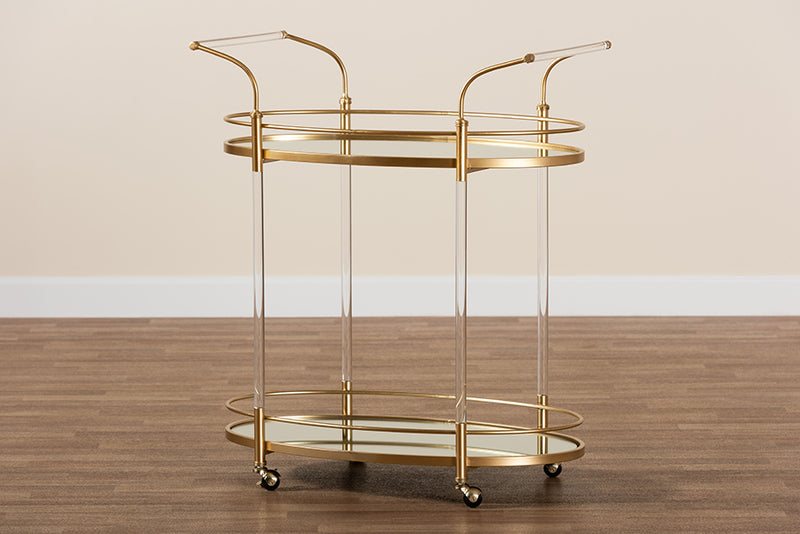 Eisa Contemporary Glam and Luxe Gold Metal and Mirrored Glass 2-Tier Wine Cart