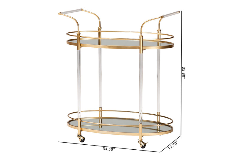 Eisa Contemporary Glam and Luxe Gold Metal and Mirrored Glass 2-Tier Wine Cart