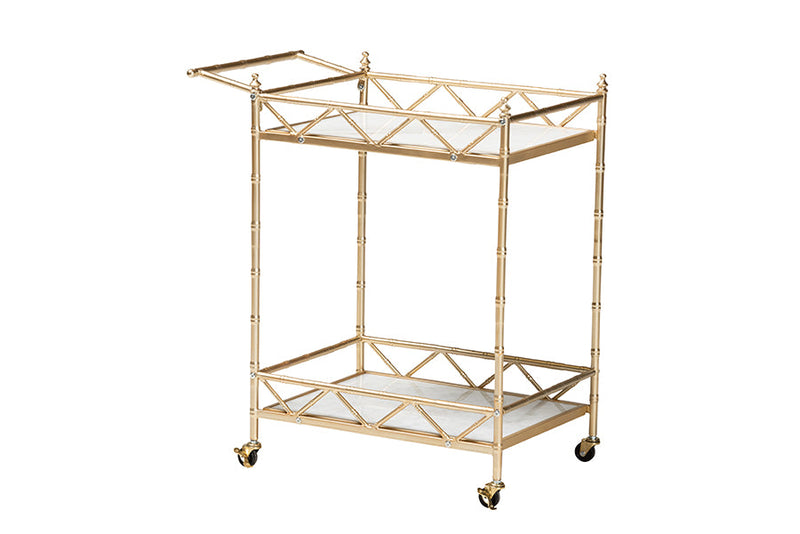 Marie Gold Metal and White Marble 2-Tier Wine Cart Baxton