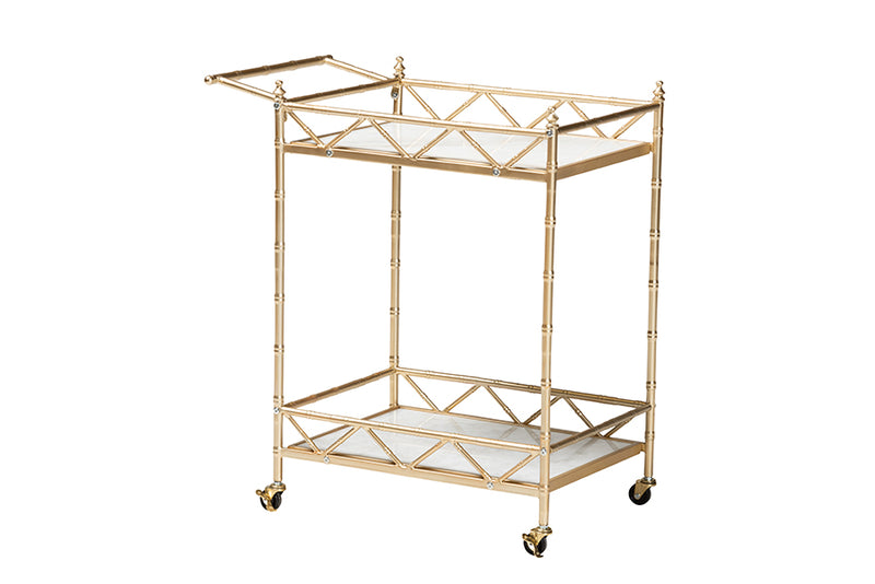 Marie Contemporary Glam and Luxe Gold Metal and White Marble 2-Tier Wine Cart