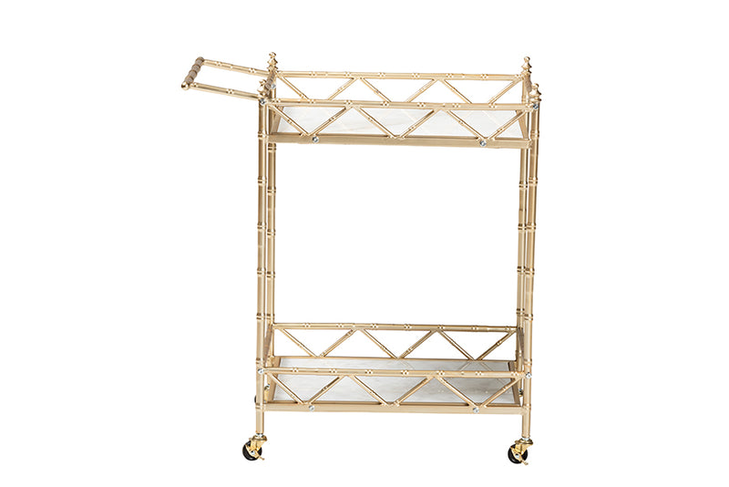 Marie Contemporary Glam and Luxe Gold Metal and White Marble 2-Tier Wine Cart