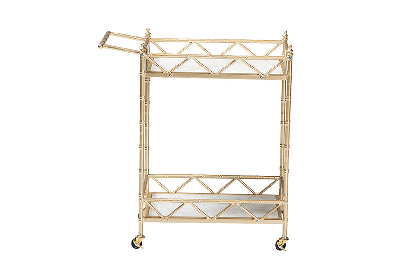 Marie Gold Metal and White Marble 2-Tier Wine Cart Baxton