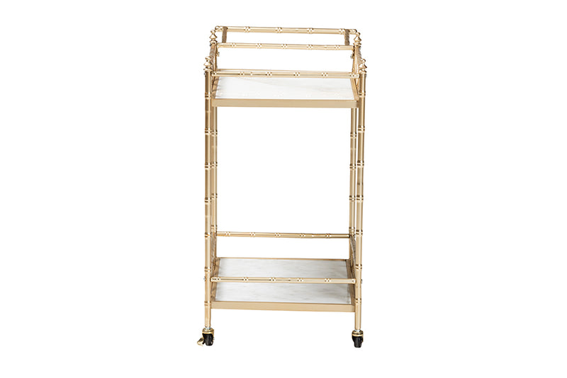 Marie Contemporary Glam and Luxe Gold Metal and White Marble 2-Tier Wine Cart